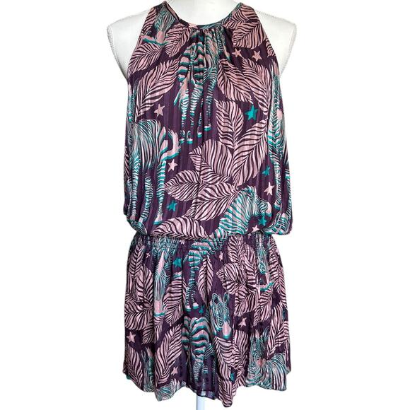 RAMY‎ BROOK Paris Sleeveless Jewel Neck Halter Silk Mini Dress Raisin/Oasis-Sz M - Picture 1 of 7